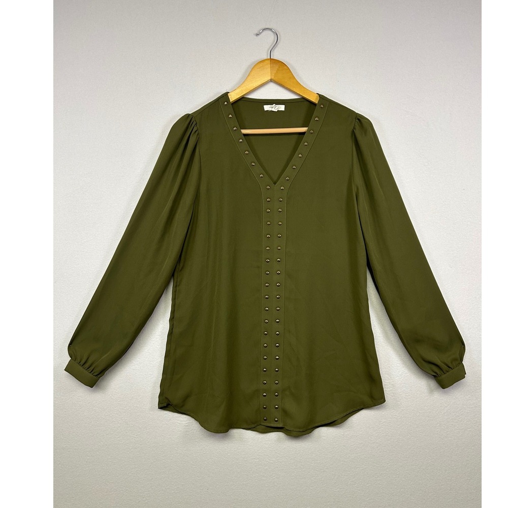 Edgy Office Maurices Women XS Olive Green Studded V-Neck Long Sleeve Blouse Top